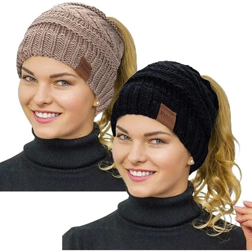 Ponytail Beanie for Women Winter Cap with Stretch Cable Knit Messy Bun Hat